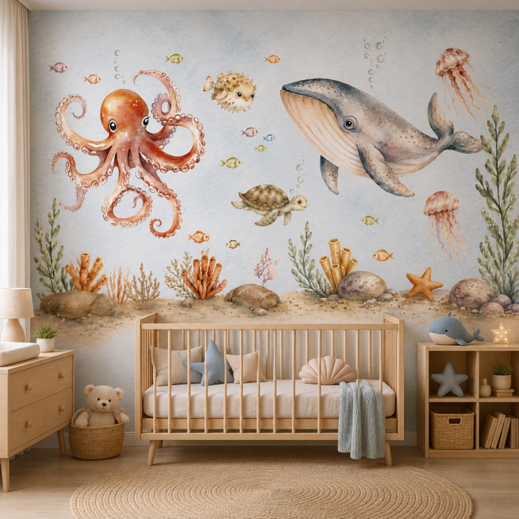 Papel de Parede Infantil Fundo do Mar Baleia Polvo Aquarela Quarto Bebê Menino Menina Autoadesivo