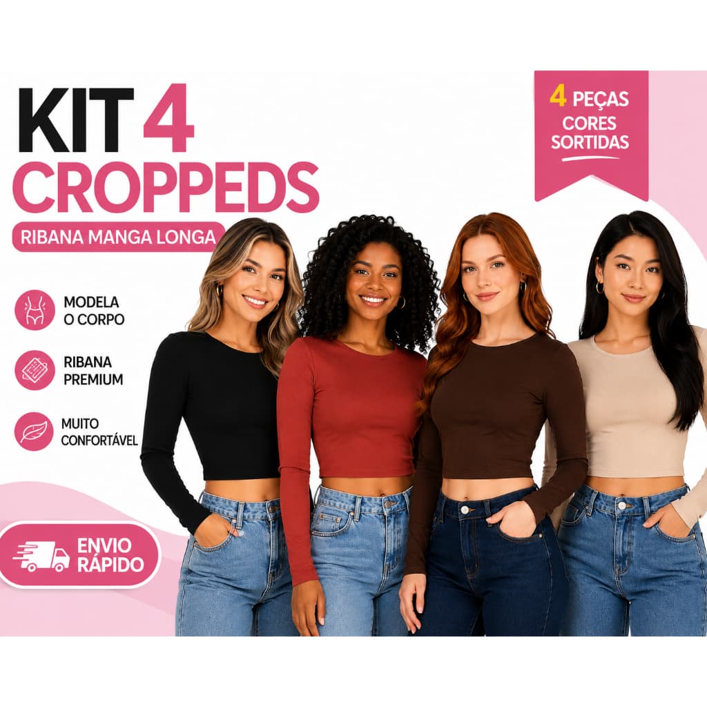 Kit 4 Croppeds Femininos Ribana Manga Longa Canelado Blusa Básica Moda Blogueira P ao GG