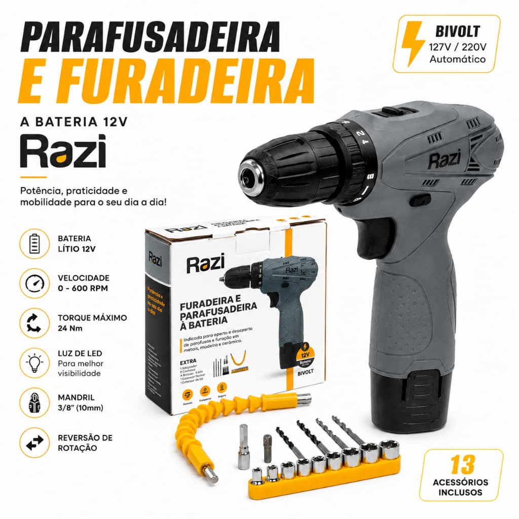 Parafusadeira e Furadeira a Bateria Razi 12V Li-Ion Sem Fio com LED + Kit de 22 Acessórios | Bivolt.