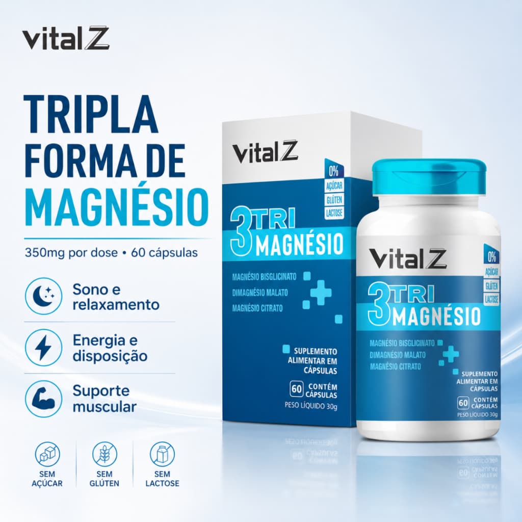 3 Magnésios Vital Z (Bisglicinato, Malato, Citrato) Energia,Muscular e Saúde Óssea | 60 Cáp