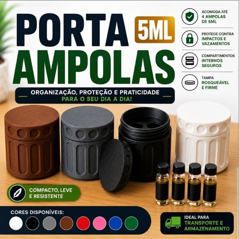Porta Ampolas 5ml Premium | Organizador com Tampa Rosqueável | Várias Cores