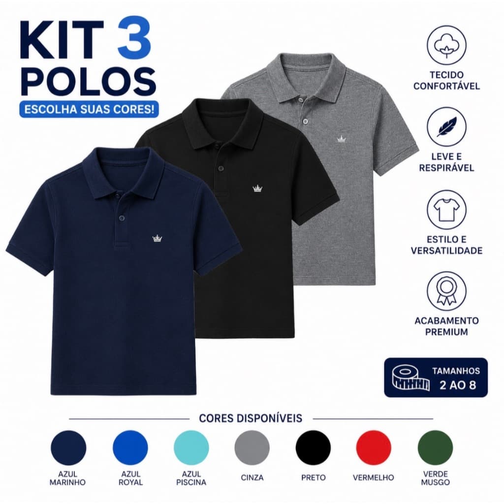 kit 3 Polo Infantil Lisa Bordada Menino Algodão Manga Curta 2 ao 8 Bolso Falso Estilo Social