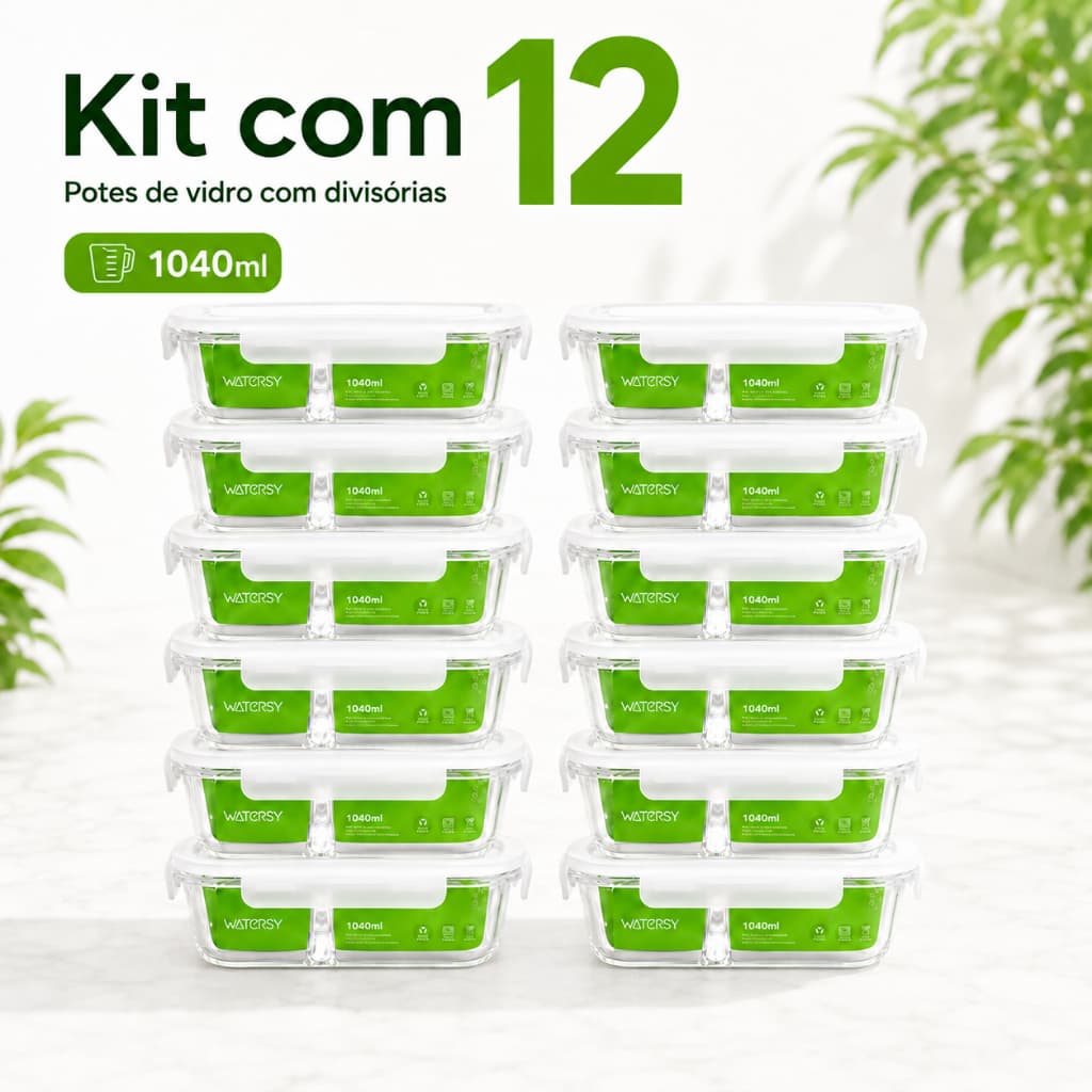 Watersy 12 Kit Potes Herméticos de Vidro com Divisórias 1040ml 4 6 10 ou 12 Peças