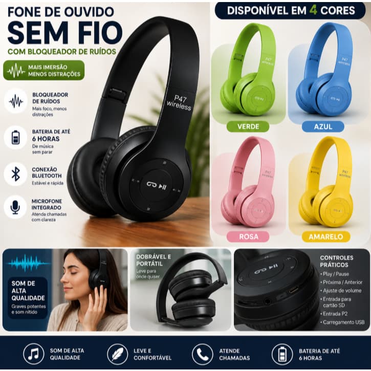 Fone De Ouvido Bluetooth 5.3 Headset Microfone com Redução Ruído Cores