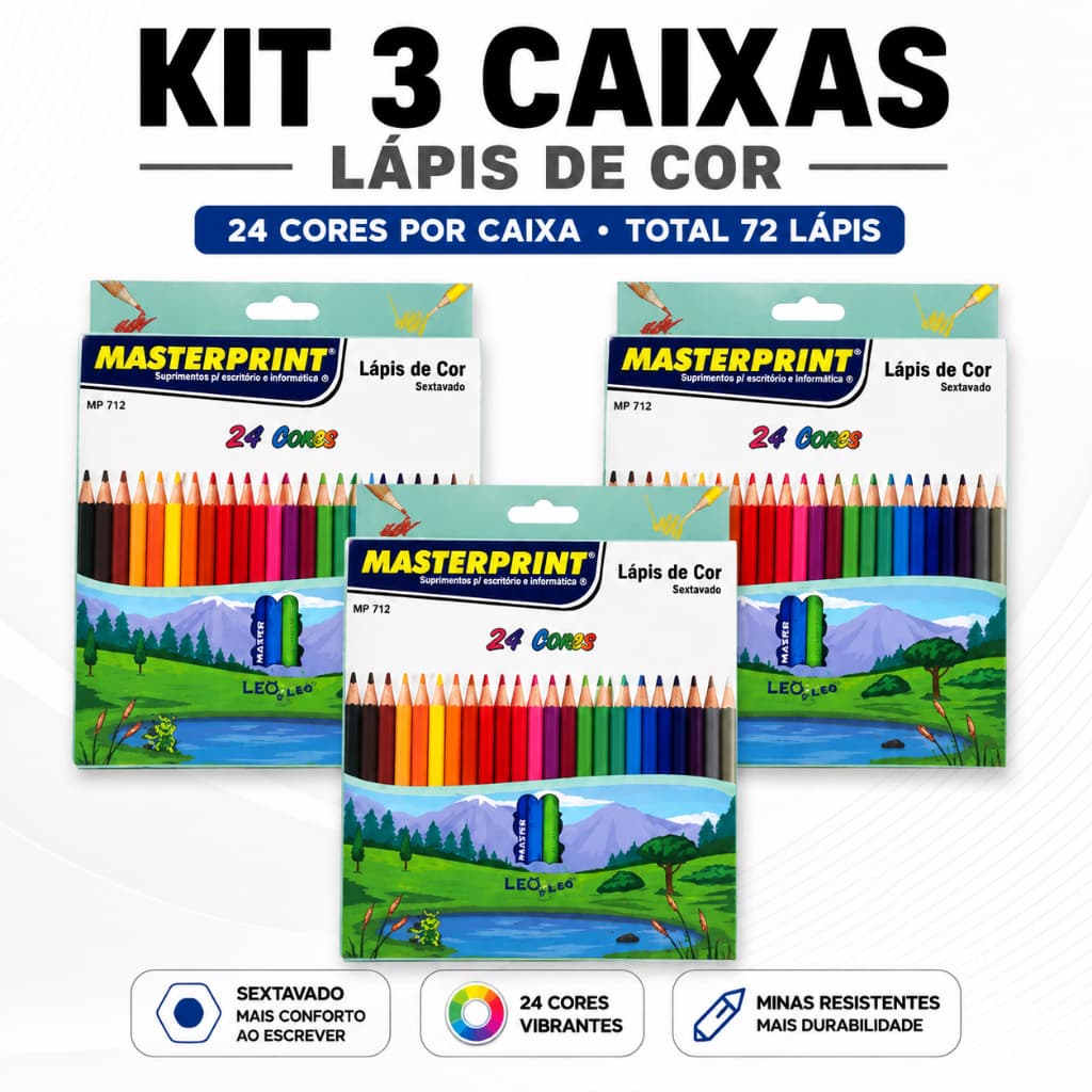 Kit 3 Caixa Lápis de Cor 24 Cores Masterprint Sextavado Total 72 Lápis