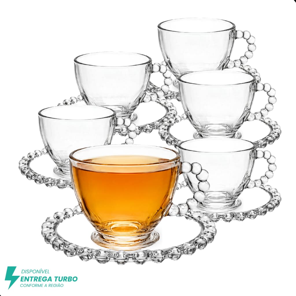 Jogo De Xícaras E Pires Em Vidro Transparente 12 Peças Para Chá Café 220ml Pearl Pérola Bolinha