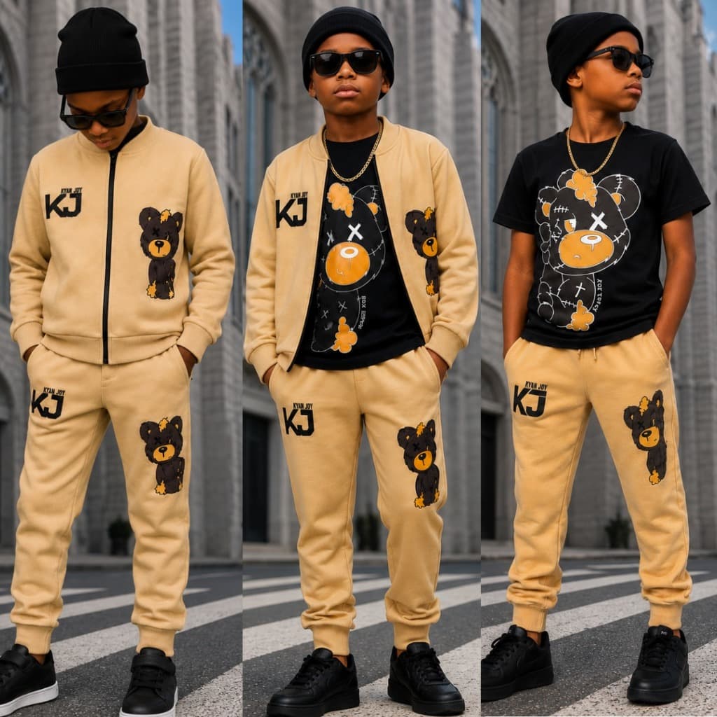 Conjunto de Três Peças Infantil Masculino de Inverno Capuz Ou Casaco + Calça Tamanho 2 Ao 12 Anos