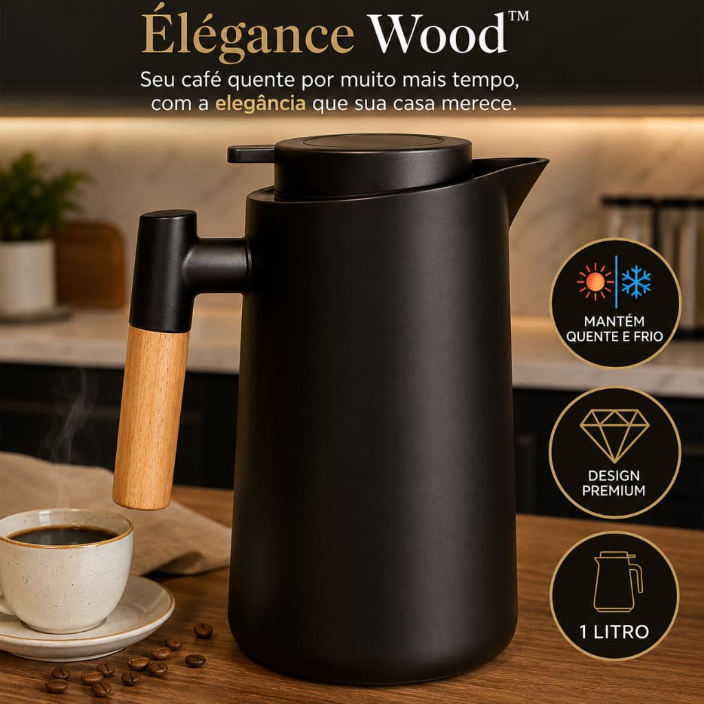 Garrafa Térmica 1 Litro Cabo de Madeira Isolamento Térmico Café Chá Design Premium
