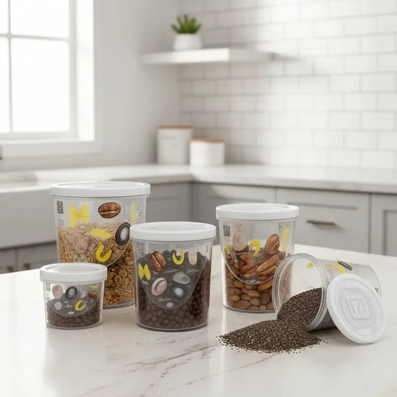 Kit 5 Potes de Mantimentos de Plástico Redondo Decorado Porta Alimentos de Cozinha Branco