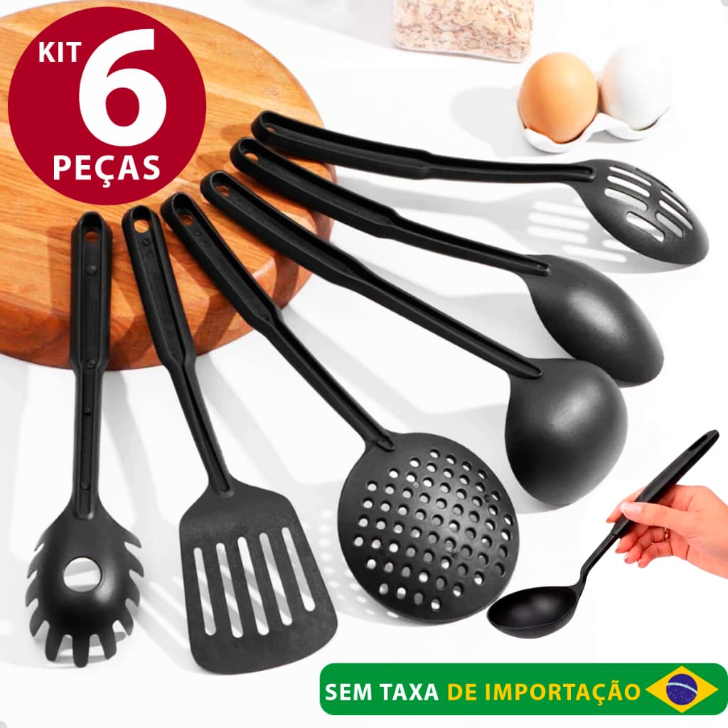 Kit Jogo 6 utensílios de cozinha Nylon 31cm preto resistente Alta Temperatura colher concha espatula