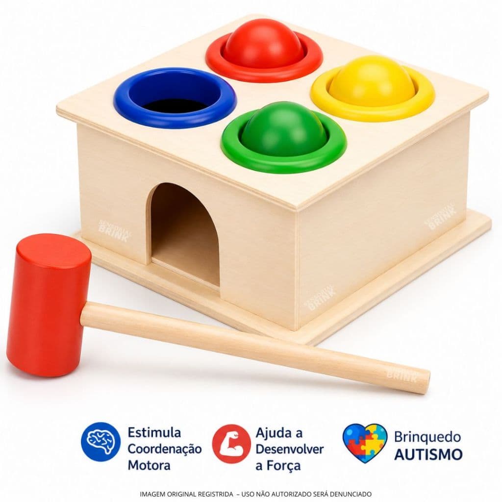 Bate Bola Madeira | Brinquedo Educativo Coordenação Motora | Encaixe com Bolinhas Coloridas e Martelo