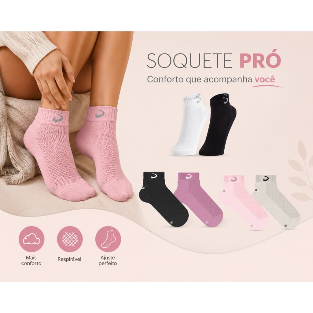 Meia Soquete Pró Feminina - kit com 2 pares 34 ao 39