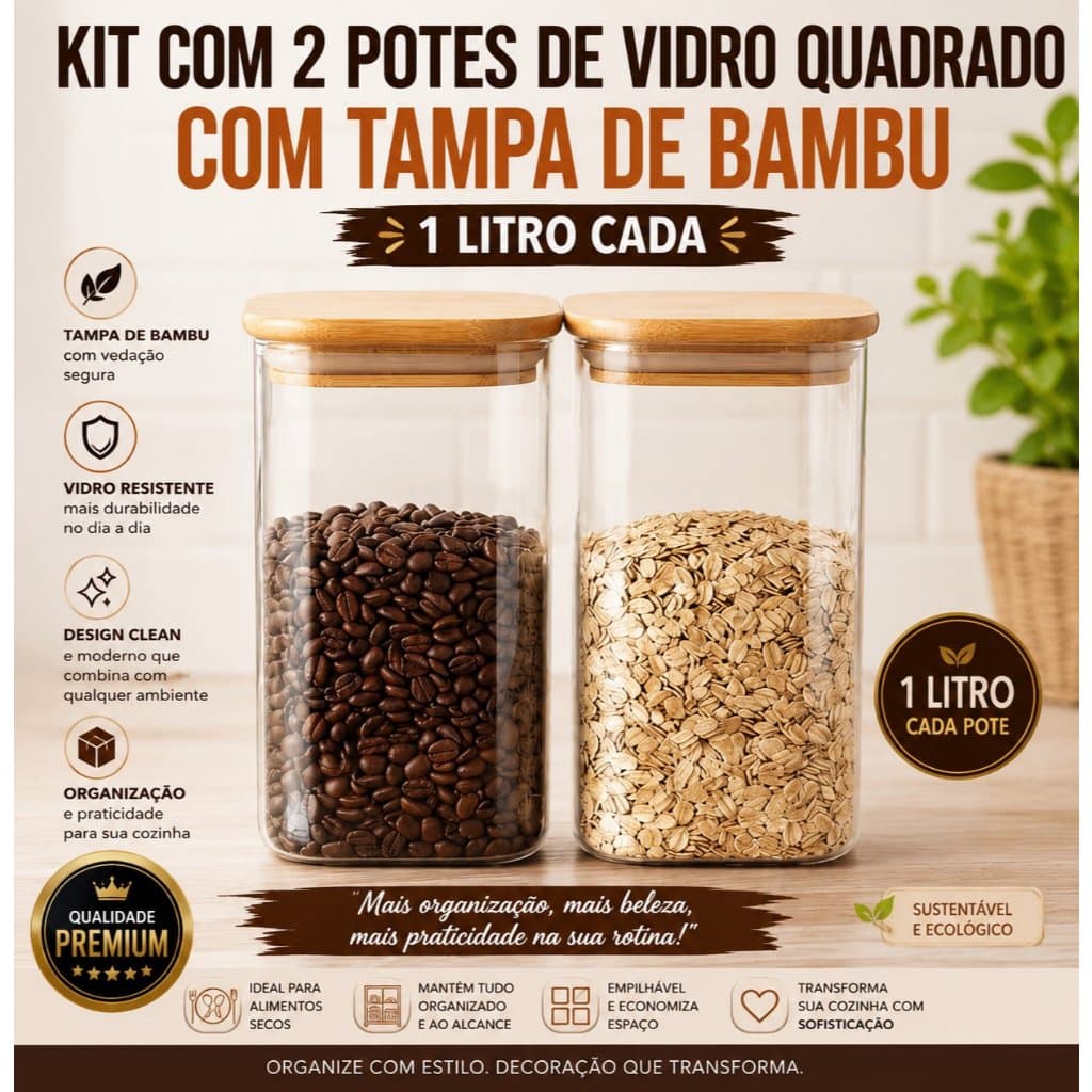 Potes Herméticos Vidro 1000ml Tampa Bambu Kit com 2 Unidades