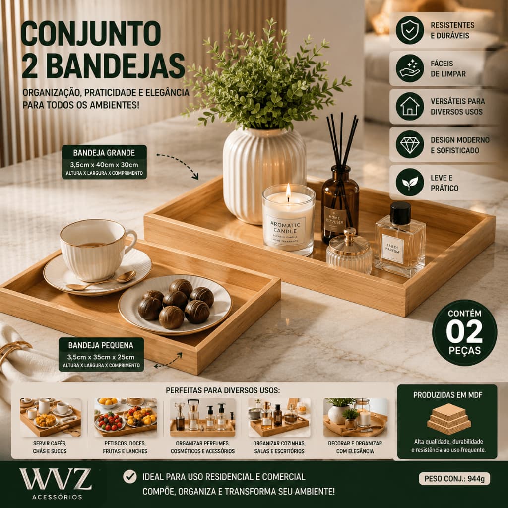 Conjunto 2 Bandejas Retangulares TOP RIO MDF Madeira Decorativa Café Organização Cozinha Sala Luxo
