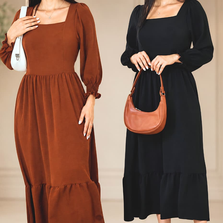 Vestido Longo Feminino Decote Quadrado Manga Longa Tecido Duna Elegante