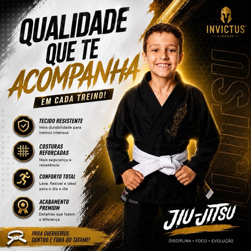 Kimono Infantil Jiu Jitsu Reforçado Premium Invictus Preto Branco Azul Fabricação Própria