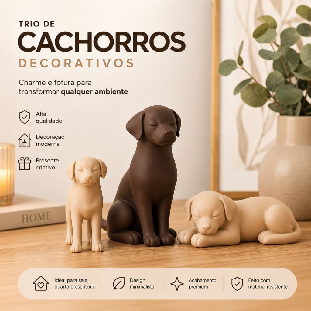 Cachorro Decorativo Kit 3 Peças Enfeite para Sala Quarto Estante Rack Decoração Moderna Presente