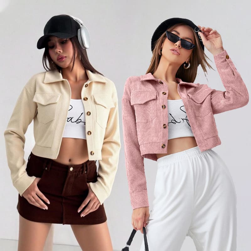 Jaqueta Feminina Curta de Veludo Cotelê com Botões e Bolsos Estilo Vintage Slim para o Inverno