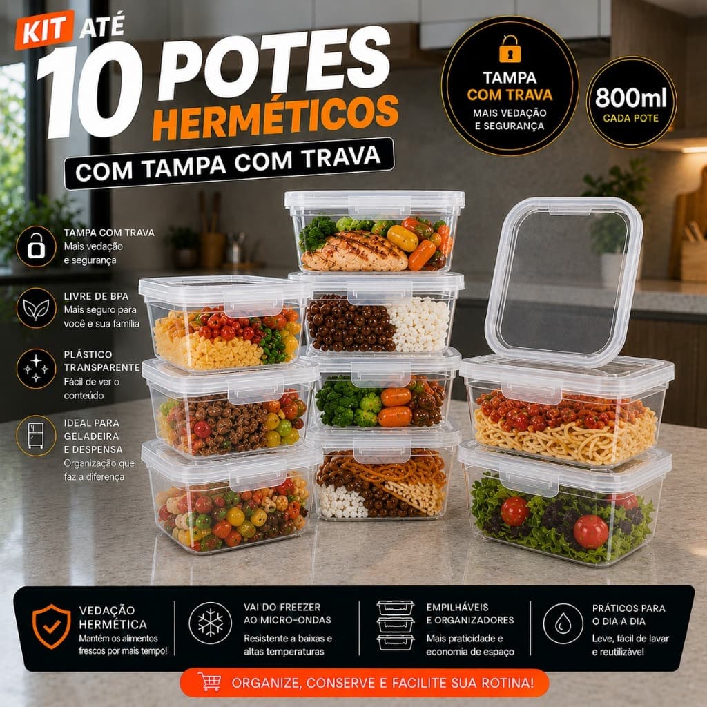 Kit até 10 Potes Herméticos Transparentes Com Tampa e Trava 800ml