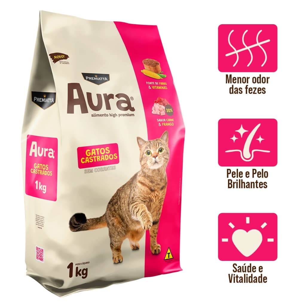 Ração Premiatta Aura 1kg Gatos Castrados Carne E Frango