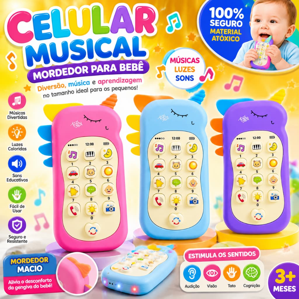 Celular Infantil Musical telefone Interativo com mordedor Educativo Sensorial brinquedo bebê