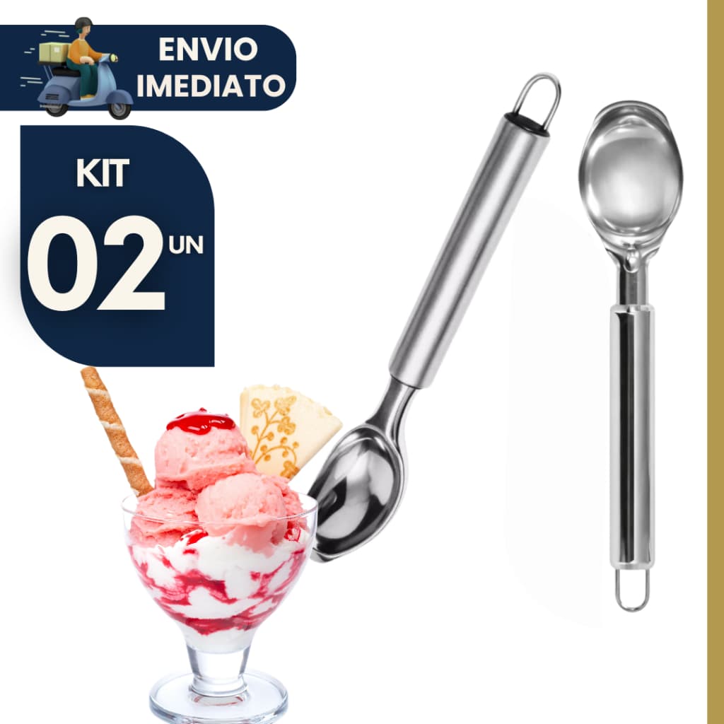 Kit 2 Colher Sorvete Aço Inox 18 cm Utensílio Cozinha Resistente Durável Pegador de Sorvete Açai