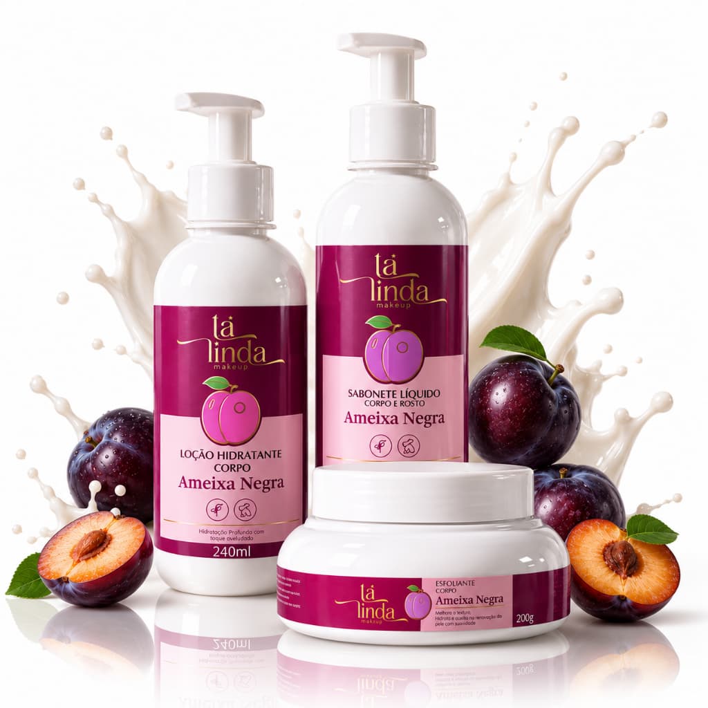 Kit Corporal Banho Premium Ameixa Negra Ta Linda Sabonete 240ml + Esfoliante 200g + Hidratante Corporal 240ml