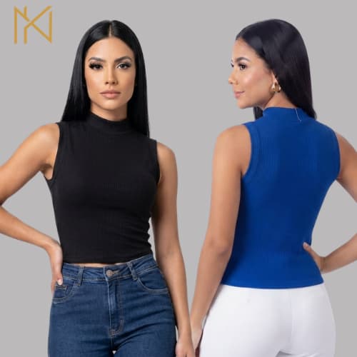 Blusa Regata Gola Alta Kit ou Avulso Canelada Feminina Básica Poliamida sem Manga P ao GG NAYKLÊ