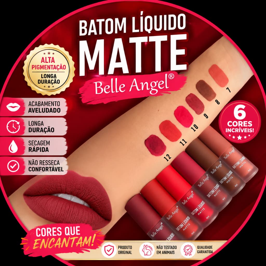 Batom Líquido Matte Belle Angel Kit com 6 unidades 4ml | Longa Duração | Alta Pigmentação | Efeito Aveludado