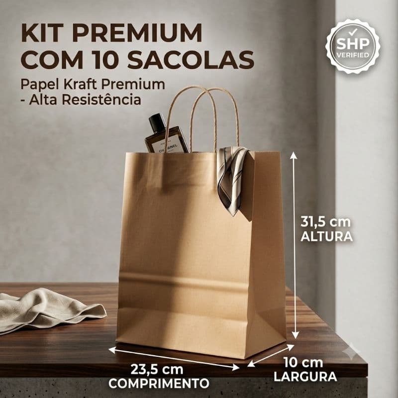 Kit 10 Sacolas Loja Kraft Grandes Resistente Ecológicas Para Embalagem Compras Delivery