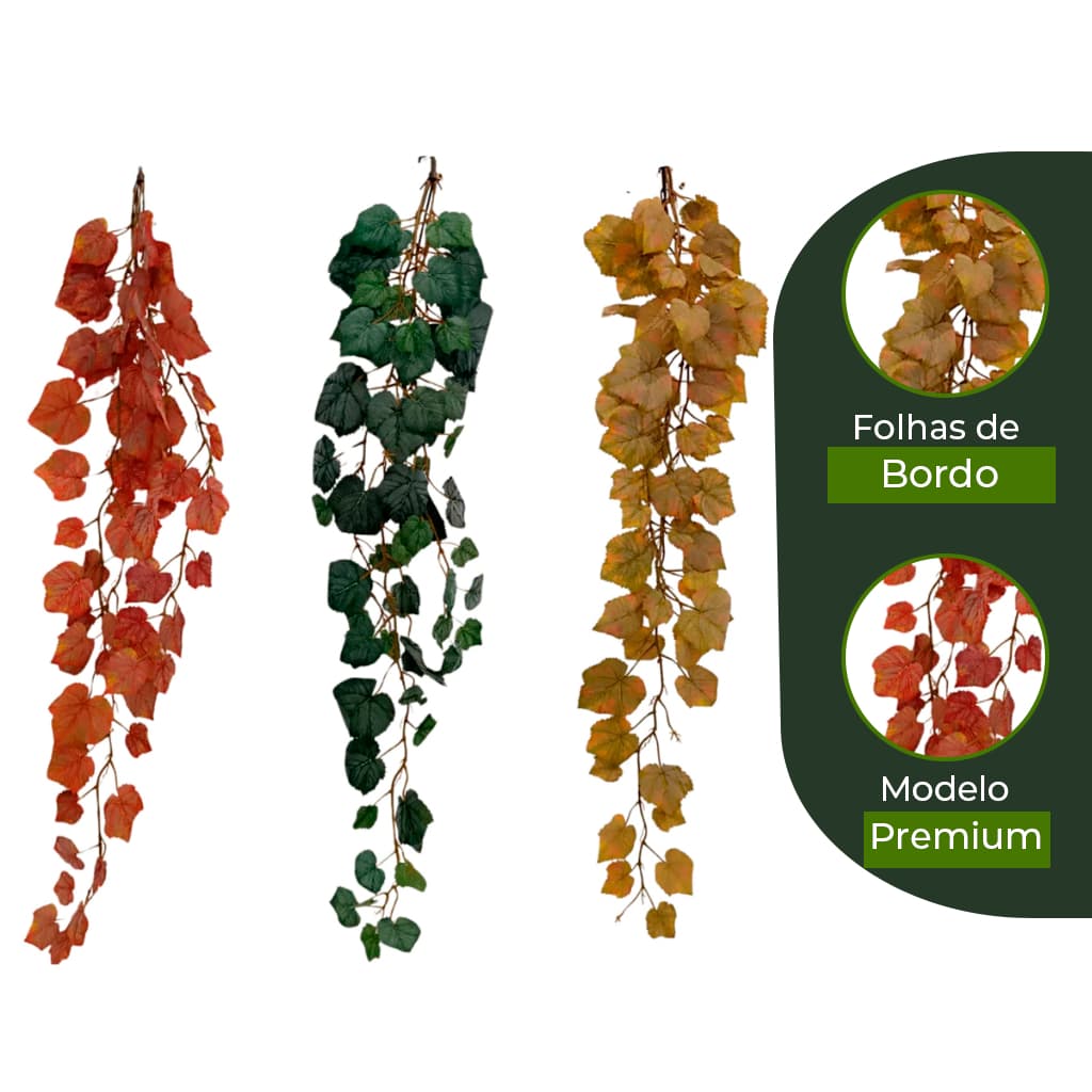 Kit 3 Pendentes Folhas de Bordo Artificial 1,20M Pendurada Verde Folhagem Vertical Toque Realista