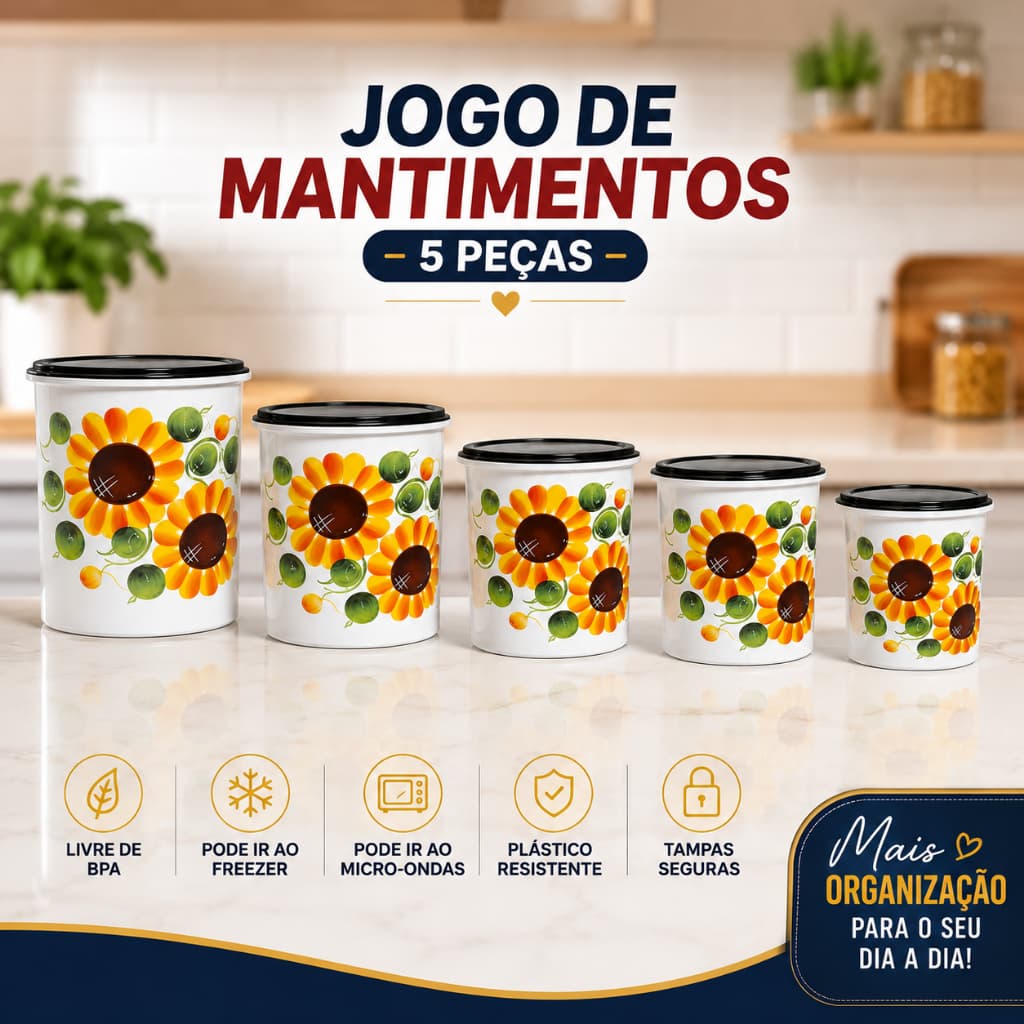 Kit 5 Potes Mantimentos Plástico Decorado Girassol Porta Mantimentos Cozinha