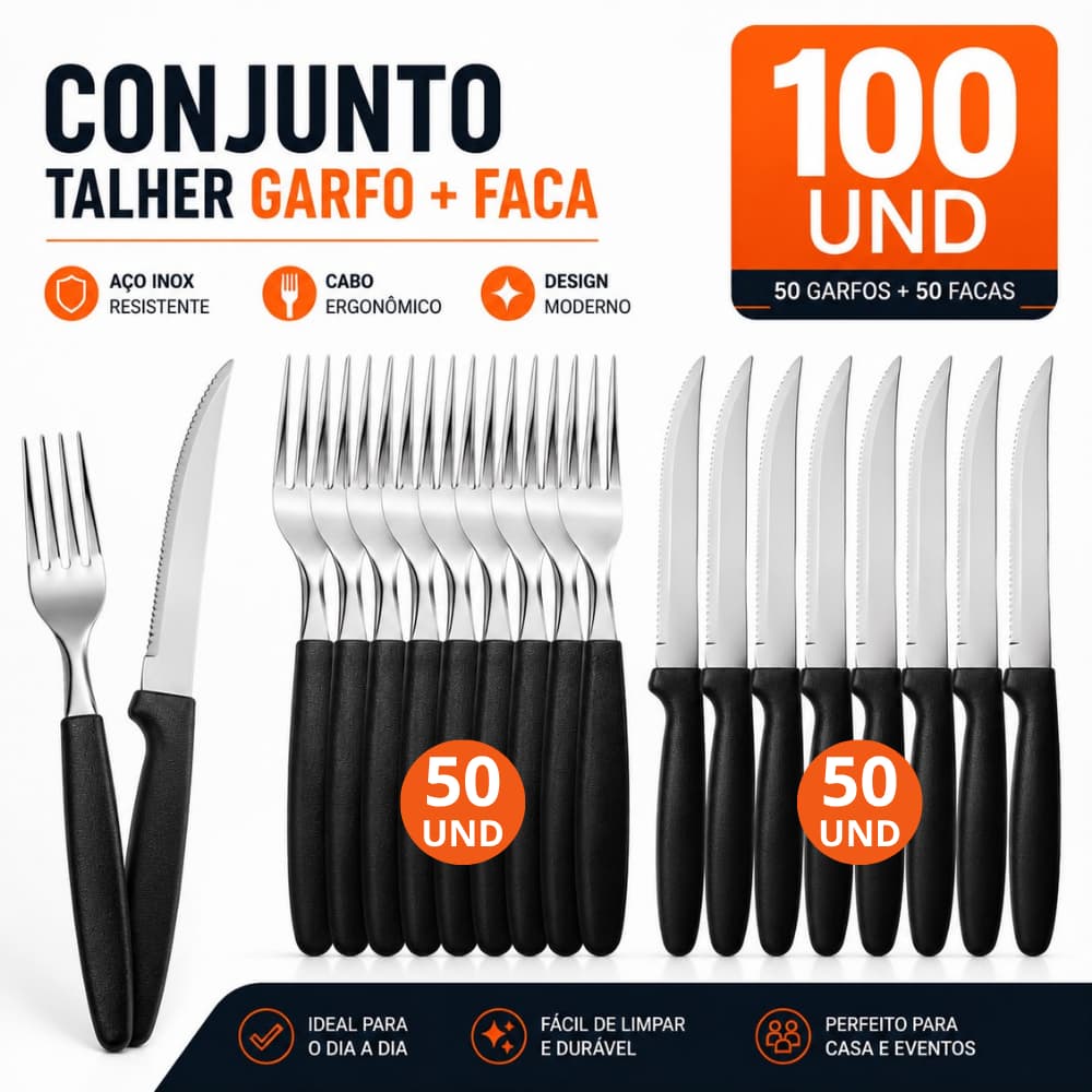 Conjunto de Talher 50/70/100 Peças Preto Inox Premium Para Casa Cozinha Festas Restaurantes