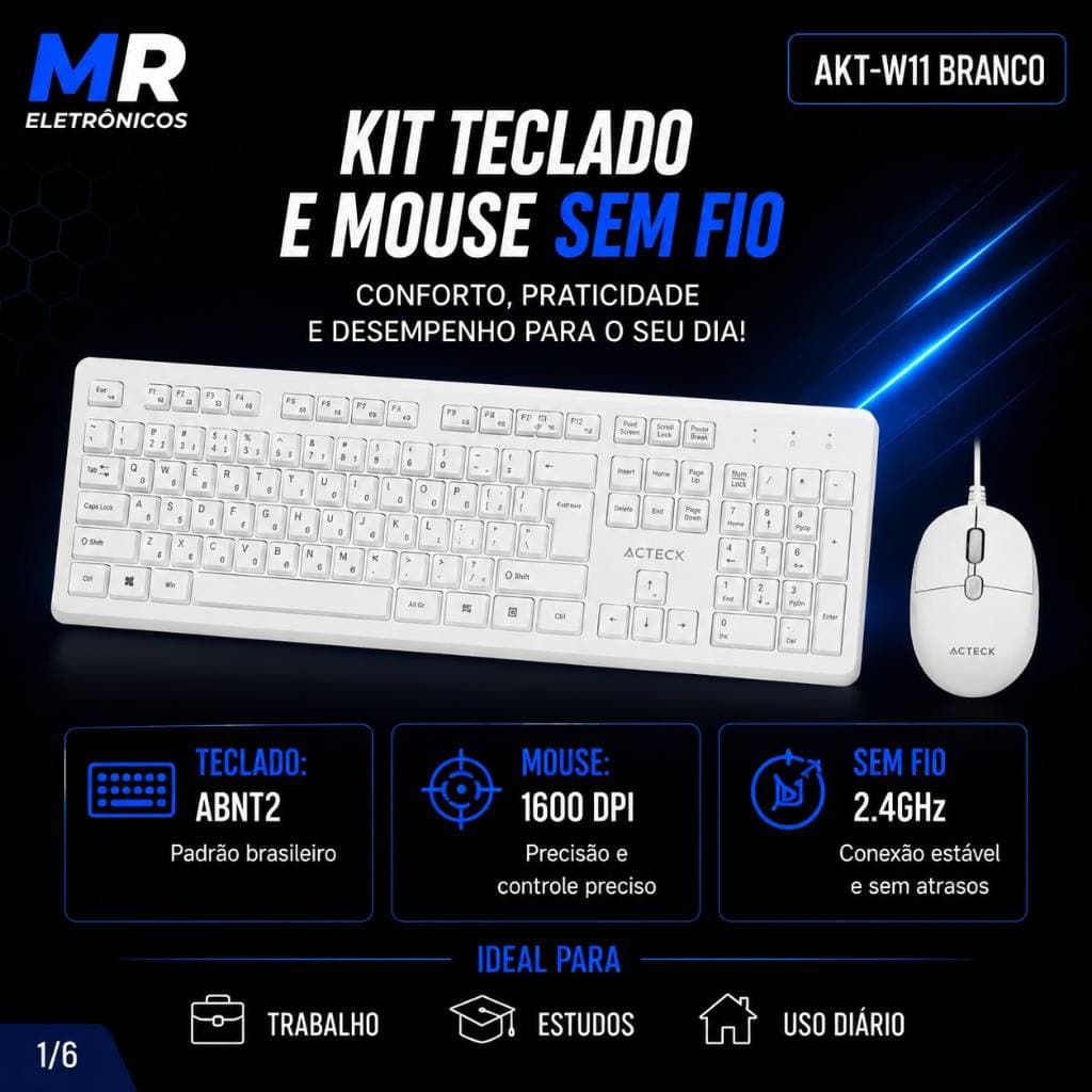 Kit Teclado e Mouse Sem Fio | ABNT2 | 1600 DPI | Wireless 2.4GH | Plug & Play | Aitek AKT-W111