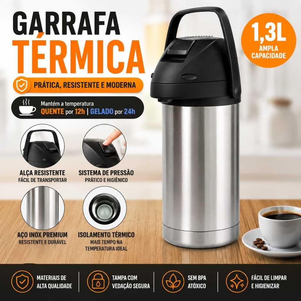 Garrafa Térmica 1,3 Litros Aço Inox Quente e Frio Isolamento Térmico 8h Quente 16h Frio Design Ergonômico Cantinho do Ca