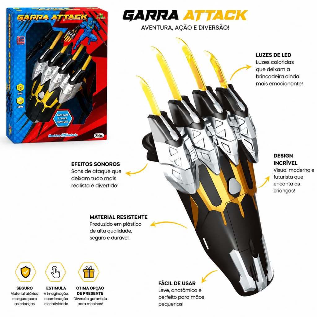 Luva Garra Retrátil Infantil com Luz e Som Brinquedo Super Herói Fantasia LED Menino garra wolverine