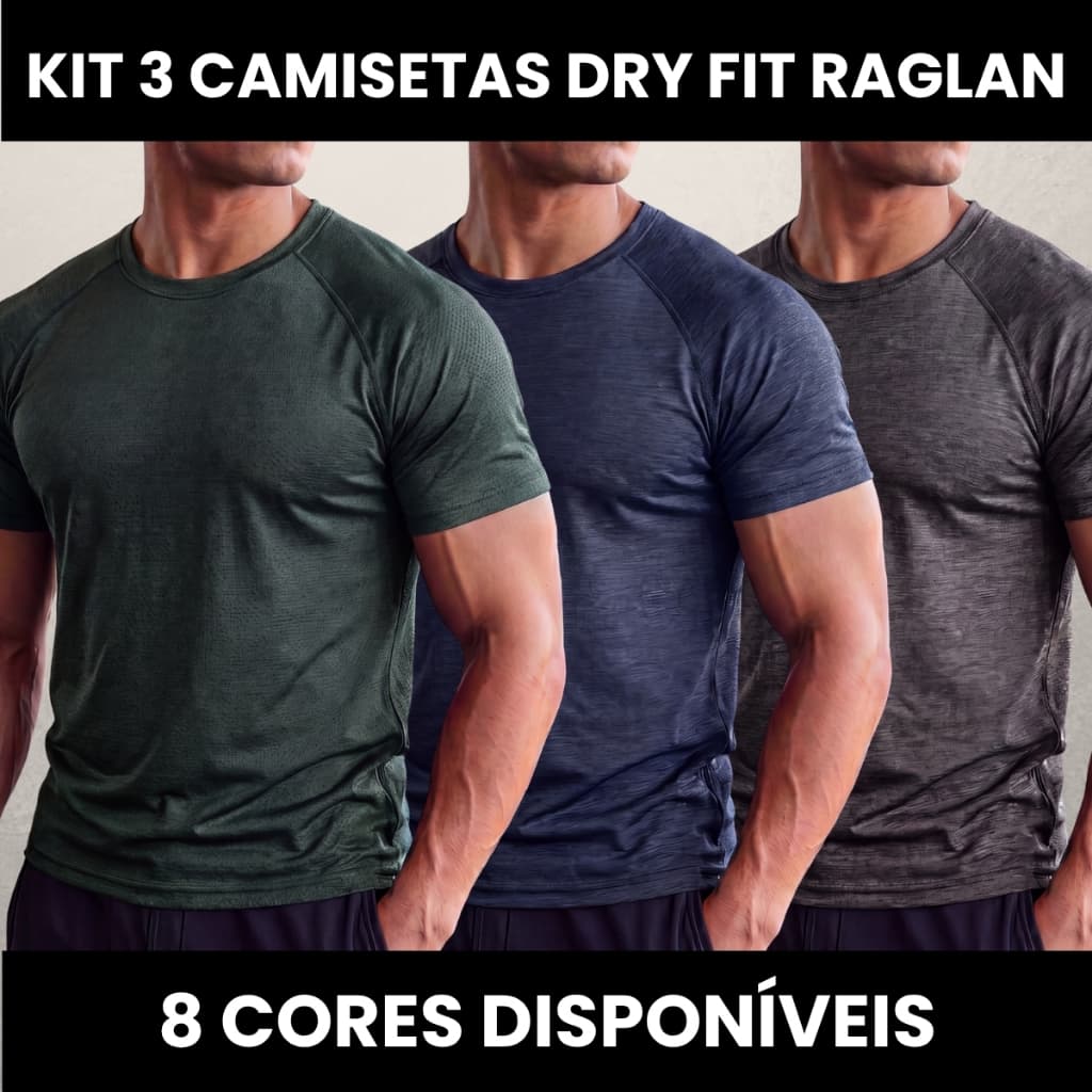 Kit 3 Camiseta Dry Fit Raglan Masculina Manga Curta Tecido com Elastano Respirável para Treino Corrida Beach Tenis