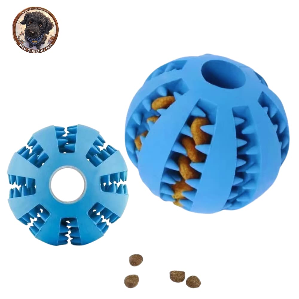 Bola para Cachorro e Gato Porta Petisco Borracha Resistente Limpa Dentes Azul