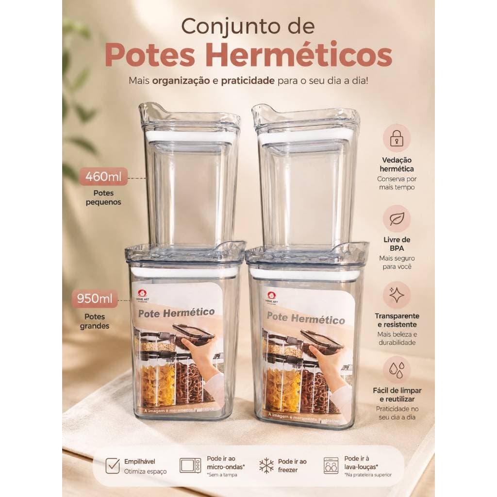 KIT 4 Potes Herméticos Para Mantimentos Tamanhos Diferentes 950ml + 460ml Tampa Detalhada Útil e Prático