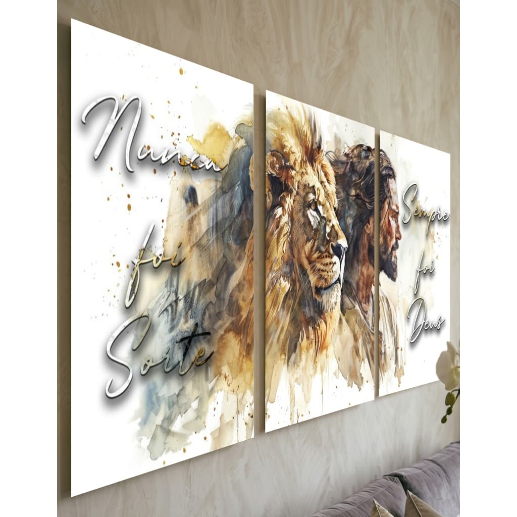 Quadro Decorativo Kit 3 Peças Leão de Judá Jesus Religioso Sala Quarto Grande Luxo