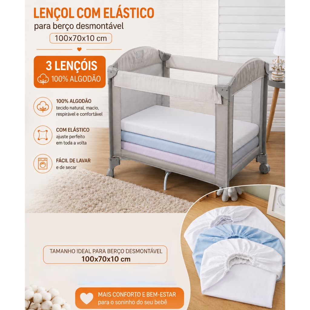 3 Lençol 100x70x10 Berço Desmontável - Chiqueirinho 100% algodão 140 fios