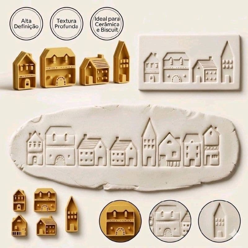 Carimbo para Cerâmica Argila Biscuit Artesanato Cerâmica Fria Casas Nordicas Vila
