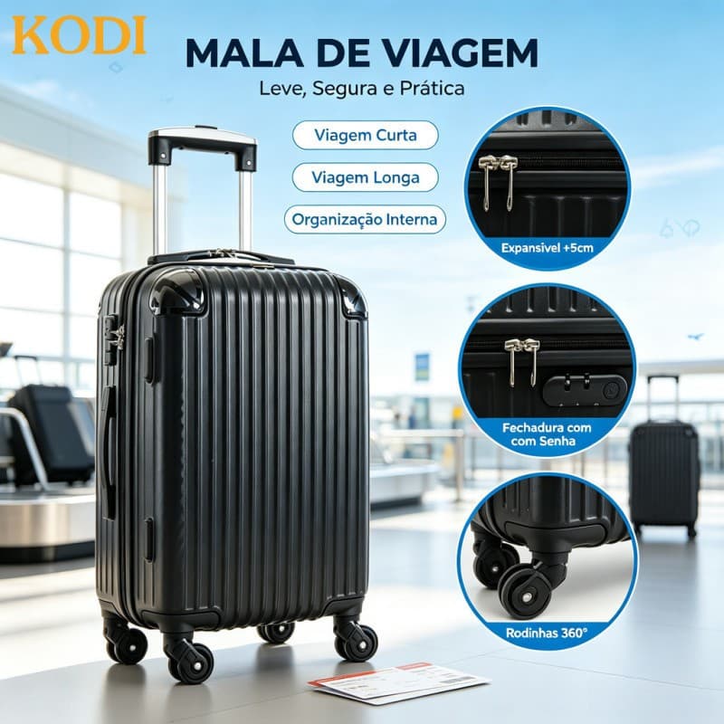 Maleta de Viagem em ABS com Rodas 360°, Bagagem de Mão Suporta até 10kg, Diversos Tamanhos e Modelos - 2401