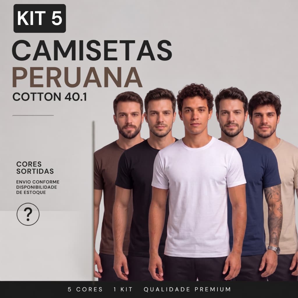 Kit 5 Camisetas Masculinas Peruana Cotton 40.1 Premium Gola Redonda Cores Sortidas