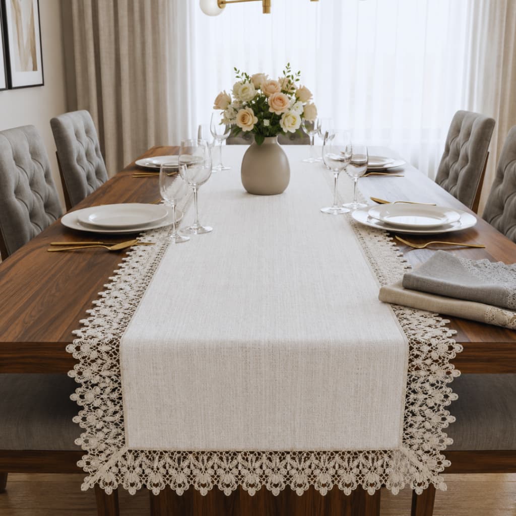 Trilho de Mesa Linho e Renda Guipir Luxo 4 e 6 Lugares Otimo Acabamento