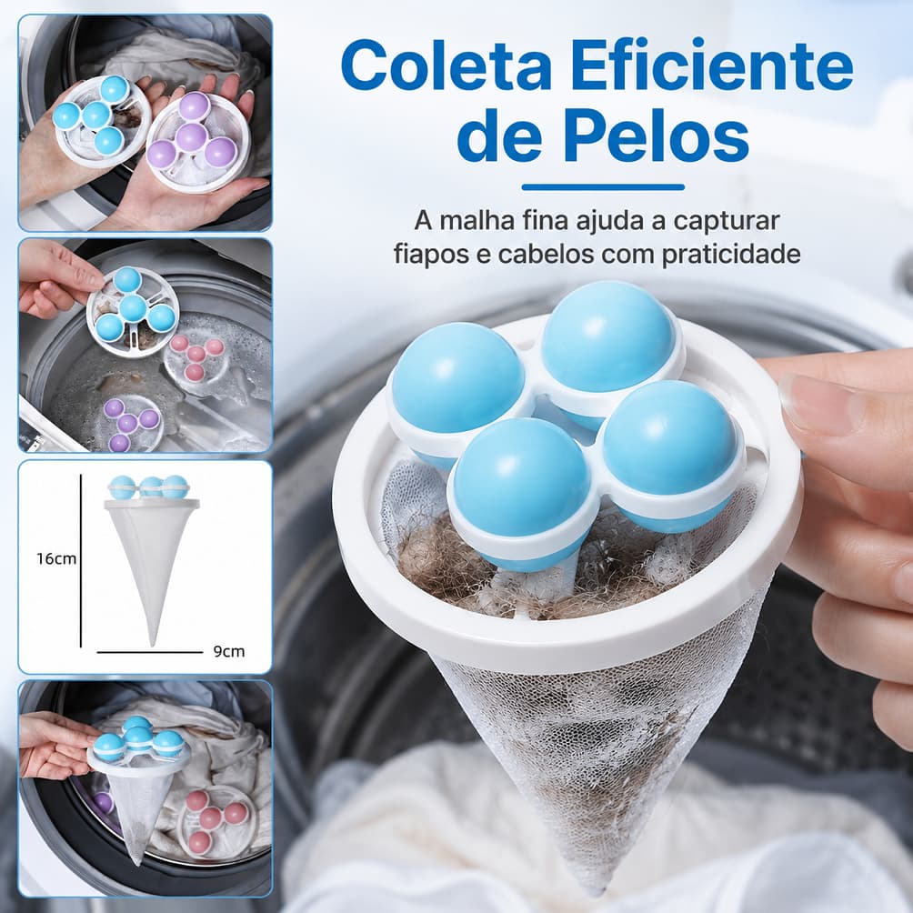 Filtro Coletor de Pelos Flutuante Reutilizável para Máquina de Lavar, Captura Fiapos e Pelos de Pet