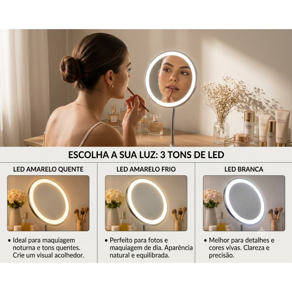 Espelho Mesa Redondo Iluminado Led Toque Ajustavel Usb Maquiagem Branco