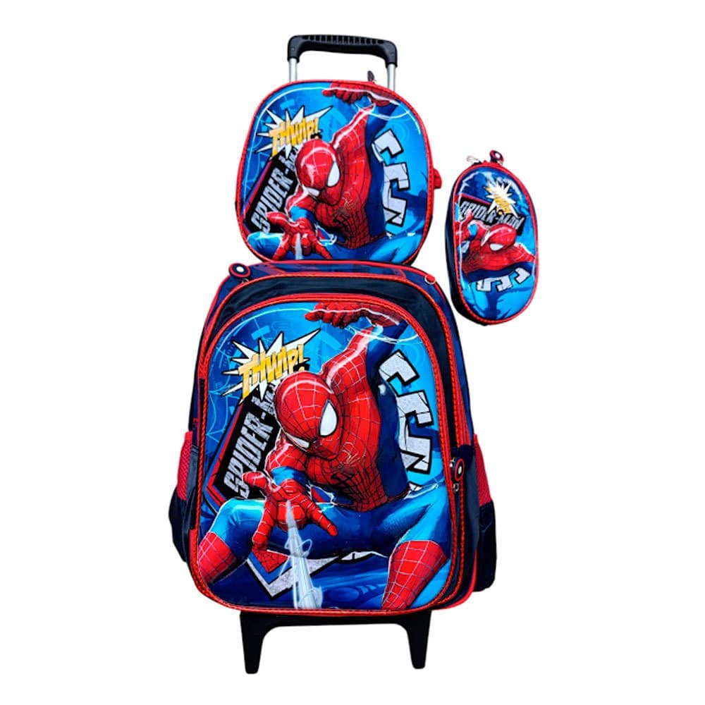 Kit Mochila Homem Aranha em 3D Alto Relevo com Rodinhas + Lancheira Térmica + Estojo Escolar