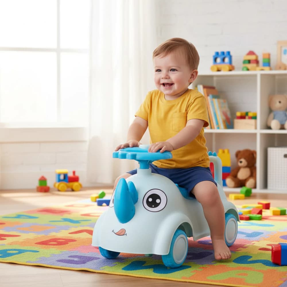 Andador Infantil Rinoceronte Azul Brinquedo Andador Motinha Carrinho Criança Presente Oferta