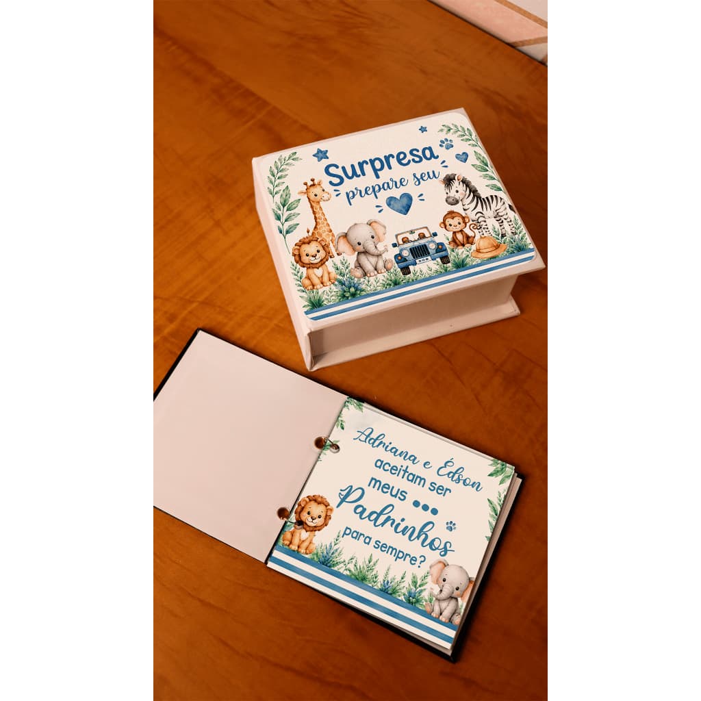 Kit Convite para Padrinhos de Batismo Safari | Caixa em Cartonagem + Mini Livro Personalizado | Dinda e Dindo